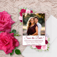 Rosas rosadas magenta y foto de boda Save the Date