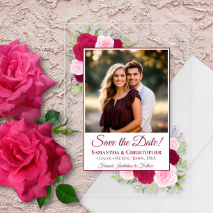 Invitaciones Acrílicas Rosas rosadas magenta y foto de boda Save the Date