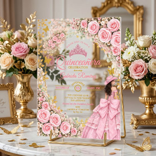 Invitaciones Acrílicas Rosas rosadas occidentales Mariposa dorada Quincea