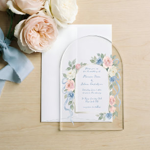 Invitaciones Acrílicas Rosas rosadas pastel, blancas y azules con arco de