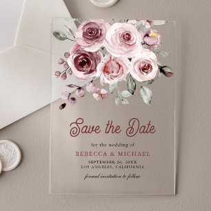Invitaciones Acrílicas Rosas Rosadas Polvorientas Boda Guardar la Fecha