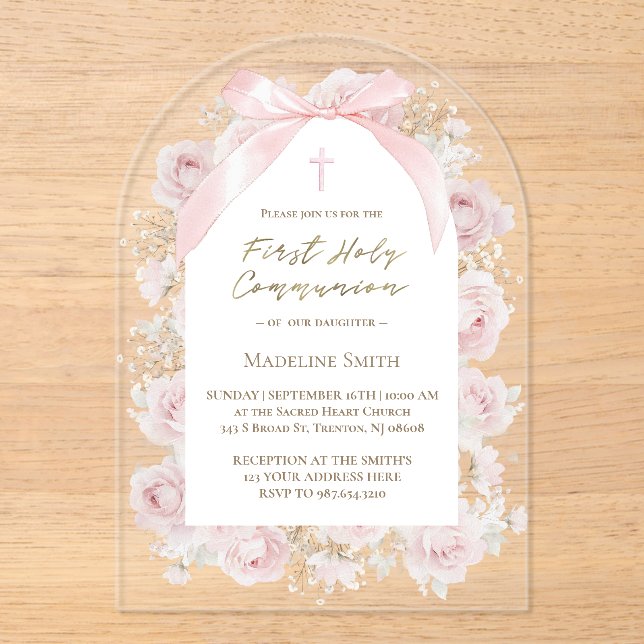 Invitaciones Acrílicas rosas rosadas Primera Comunión (Anverso)