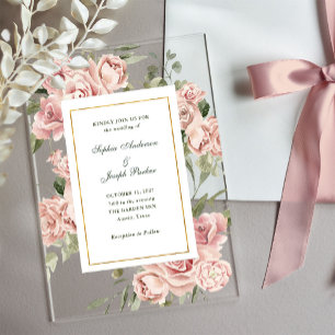 Invitaciones Acrílicas Rosas rosadas románticas y oro Boda