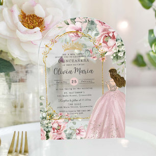 Invitaciones Acrílicas Rosas Rosadas Rubor Arco Floral Quinceañera Dulces
