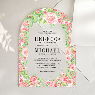 Invitaciones Acrílicas Rosas Rosadas Sonrojadas Arco Floral Boda