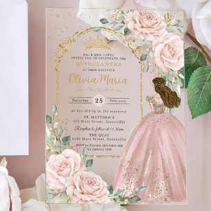 Invitaciones Acrílicas Rosas rosadas sonrojadas Floral Quinceañera Dulces