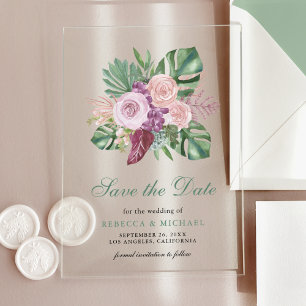 Invitaciones Acrílicas Rosas rosadas tropicales Monstera Save the Date de
