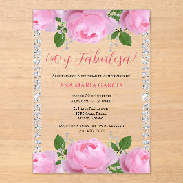 Invitaciones Acrílicas Rosas rosadas y diamantes Cumpleaños 40 en español