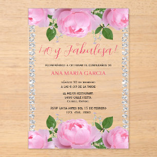 Invitaciones Acrílicas Rosas rosadas y diamantes Cumpleaños 40 en español