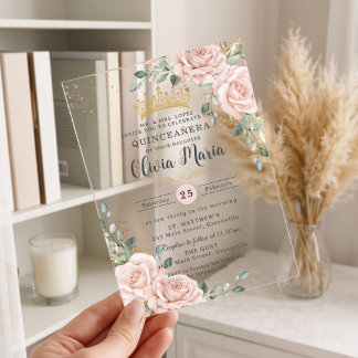 Invitaciones Acrílicas Rosas suaves de color rosa rubor floral Quinceañer