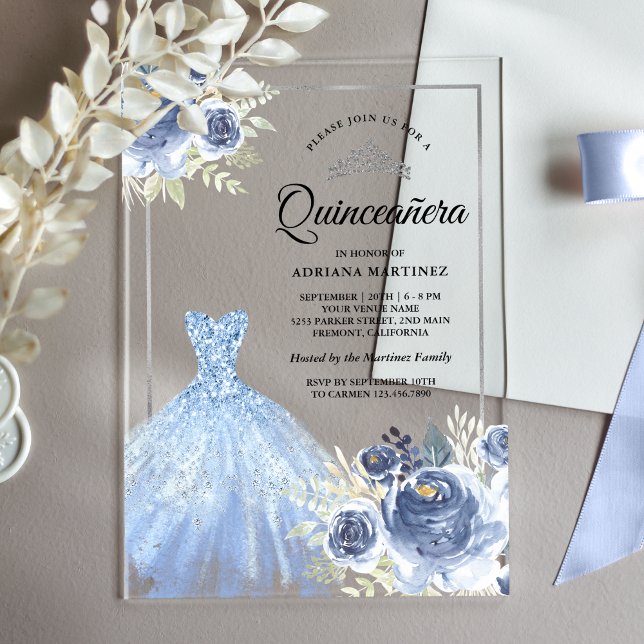 Invitaciones Acrílicas Rosas suaves y azules plateados Quinceanera (Subido por el creador)