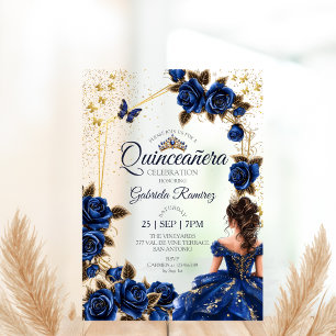 Invitaciones Acrílicas Rosas Tiara Dorada Azul Marino Quinceañera