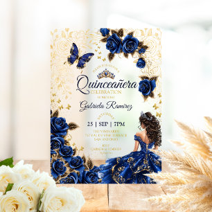 Invitaciones Acrílicas Rosas Tiara Dorada Quinceañera Azul Real