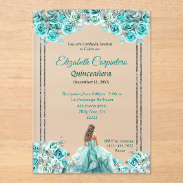Invitaciones Acrílicas Rosas turquesa de Quinceañera y mariposas plateada