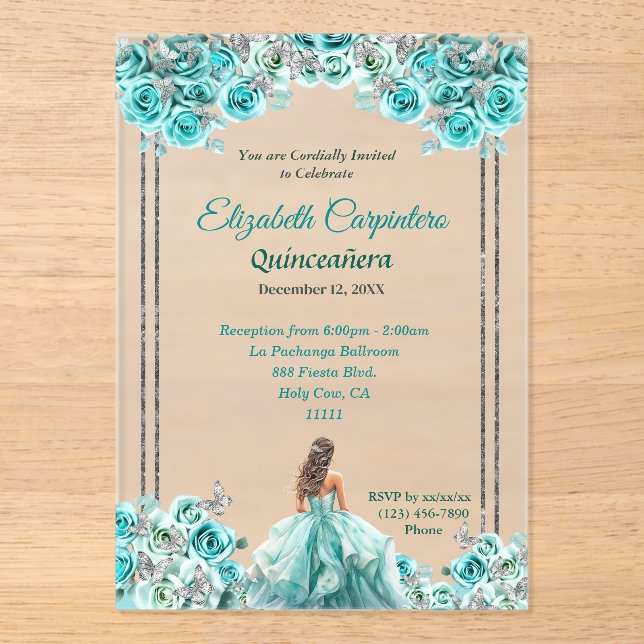 Invitaciones Acrílicas Rosas turquesa de Quinceañera y mariposas plateada (Anverso)