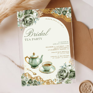 Invitaciones Acrílicas Rosas Verde Salvia Fiesta de Té Floral Bridal Show