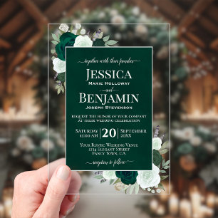 Invitaciones Acrílicas Rosas Verdes Esmeralda Elegantes Boda de Texto con