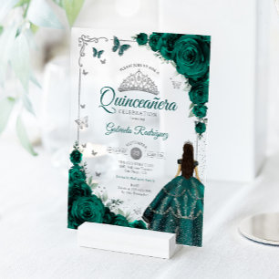 Invitaciones Acrílicas Rosas verdes esmeralda elegantes Quinceañera plata
