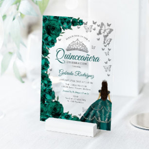 Invitaciones Acrílicas Rosas verdes esmeralda en acuarela Quinceañera pla