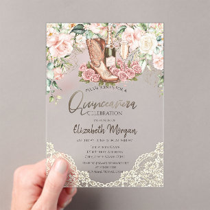 Invitaciones Acrílicas Rosas Vino Botas Encaje Quinceañera