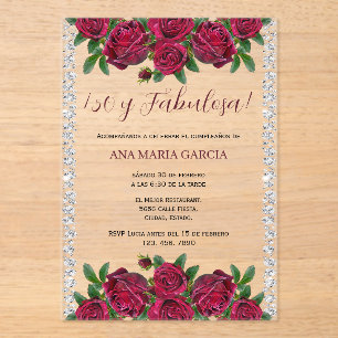 Invitaciones Acrílicas Rosas y Diamantes Cumpleaños Femenino 50 Español