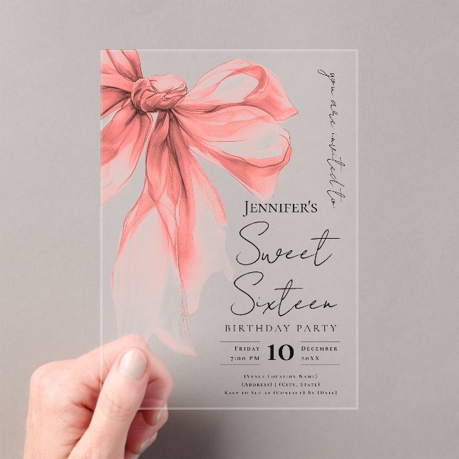 Invitaciones Acrílicas Rose Gold Bow Coquette Script Sweet 16 Party (Insitu (portátil))