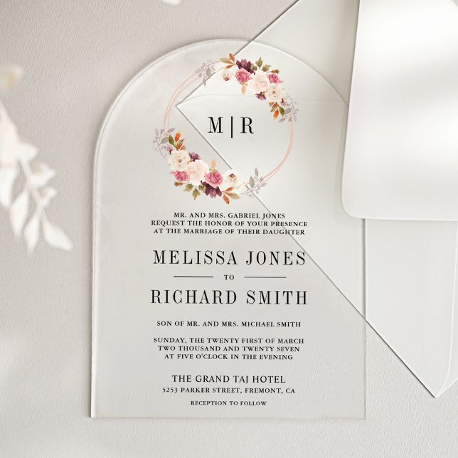 Invitaciones Acrílicas Rose Gold Dusty Pink Floral Wedding (Subido por el creador)