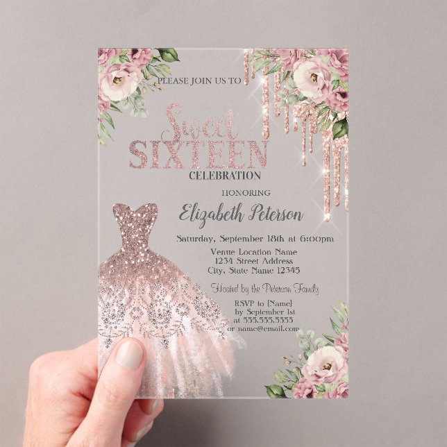 Invitaciones Acrílicas Rose Gold Glitter Drips,Dress Floral Sweet 16 (Insitu (portátil))
