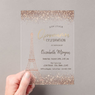 Invitaciones Acrílicas Rose Gold Glitter Eiffel Confetti Quinceañera 