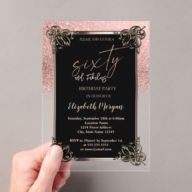 Invitaciones Acrílicas Rose Gold Glitter Ombre Border 60th Birthday Party (Insitu (portátil))