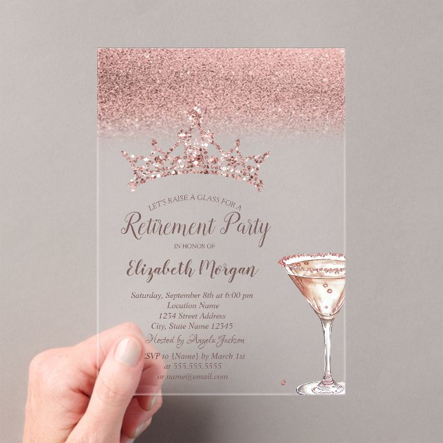 Invitaciones Acrílicas Rose Gold Glitter Tiara Martini Glass Retirement  (Insitu (portátil))
