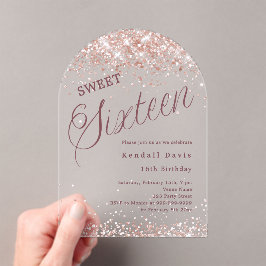 Invitaciones Acrílicas Rose gold script modern Sweet 16 clear arch