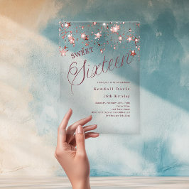 Invitaciones Acrílicas Rose gold script stars modern Sweet 16 clear
