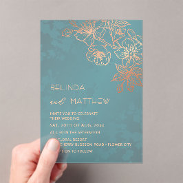 Invitaciones Acrílicas Rose Gold Teal Transparent Casual Wedding