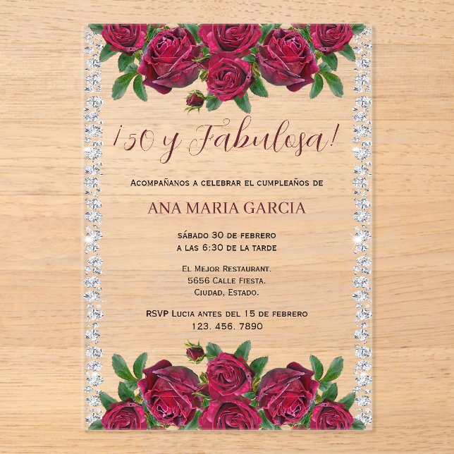 Invitaciones Acrílicas Roses & Diamonds Feminine 50th Birthday Spanish (Anverso)