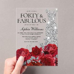 Invitaciones Acrílicas Roses Rojas Diamante vestido 40.º Fiesta de cumple