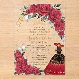 Invitaciones Acrílicas Roses Rojos Floral Negro Carro Vestido Quinceañera