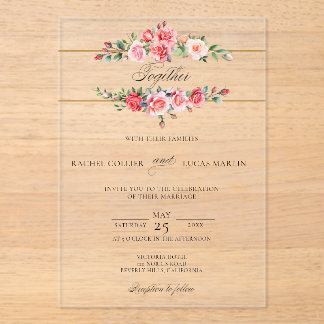 Invitaciones Acrílicas Roses rosadas y caligrafía de color acuático román