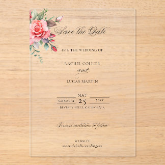 Invitaciones Acrílicas Roses rosados de color de agua y caligrafía Guarda