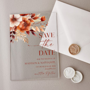 Invitaciones Acrílicas Roto Burgundy Marrón Floral Boda Guardar La Fecha