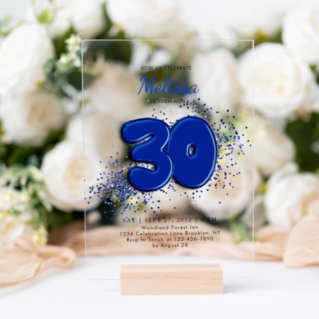 Invitaciones Acrílicas Royal Blue 30th Balloons Confetti Adultos Cumpleañ (Subido por el creador)