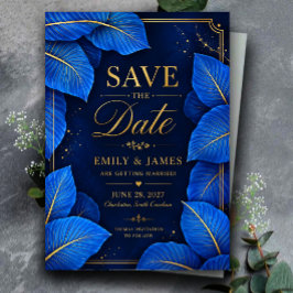 Invitaciones Acrílicas Royal Blue and Gold Tropical Elegant Luxury 