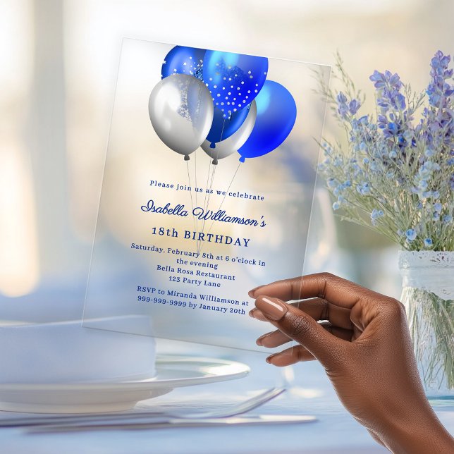 Invitaciones Acrílicas Royal blue balloons clear luxury birthday (Subido por el creador)