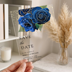 Invitaciones Acrílicas Royal Blue Floral Gold Boda Save the Date