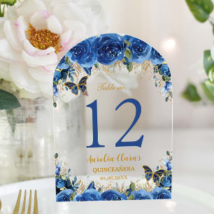 Invitaciones Acrílicas Royal Blue Floral Gold Quinceañera 16 Número de ta