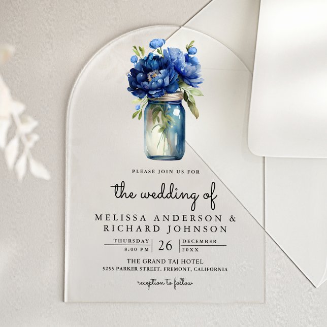 Invitaciones Acrílicas Royal Blue Floral Mason Jar Wedding (Subido por el creador)