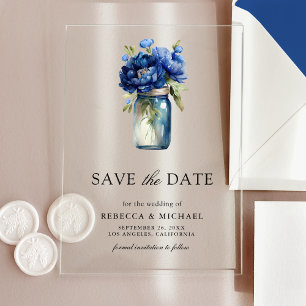 Invitaciones Acrílicas Royal Blue Floral Mason Jar Wedding Save the Date
