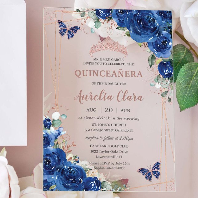 Invitaciones Acrílicas Royal Blue Floral Rosa Gold Quinceañera Cumpleaños (Subido por el creador)