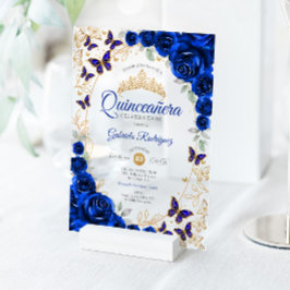 Invitaciones Acrílicas Royal Blue Gold Floral Quinceanera