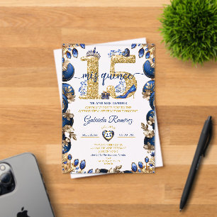 Invitaciones Acrílicas Royal Blue Golden Mis Quince 15 Quinceañera